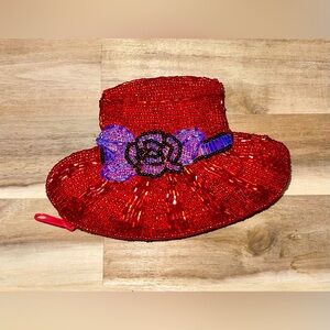 Vintage Zipped Beaded Red Hat Wallet With Purple And Black Rose On The Band